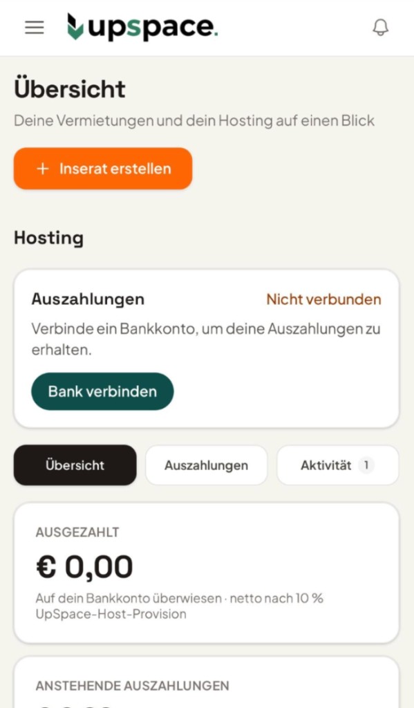 Hosting-Übersicht und Buchungsanfragen.
